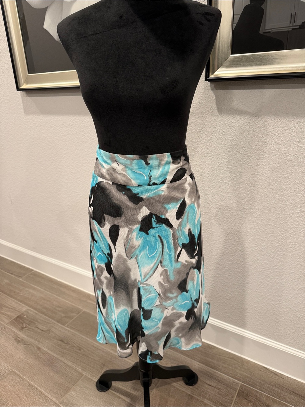 Cato Turquoise Black Gray Floral Midi Skirt